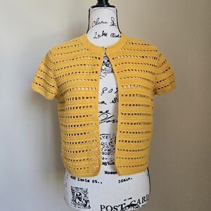 Akris Crochet Knit Crop Cardigan Top Womens 8 Yellow Short Sleeve